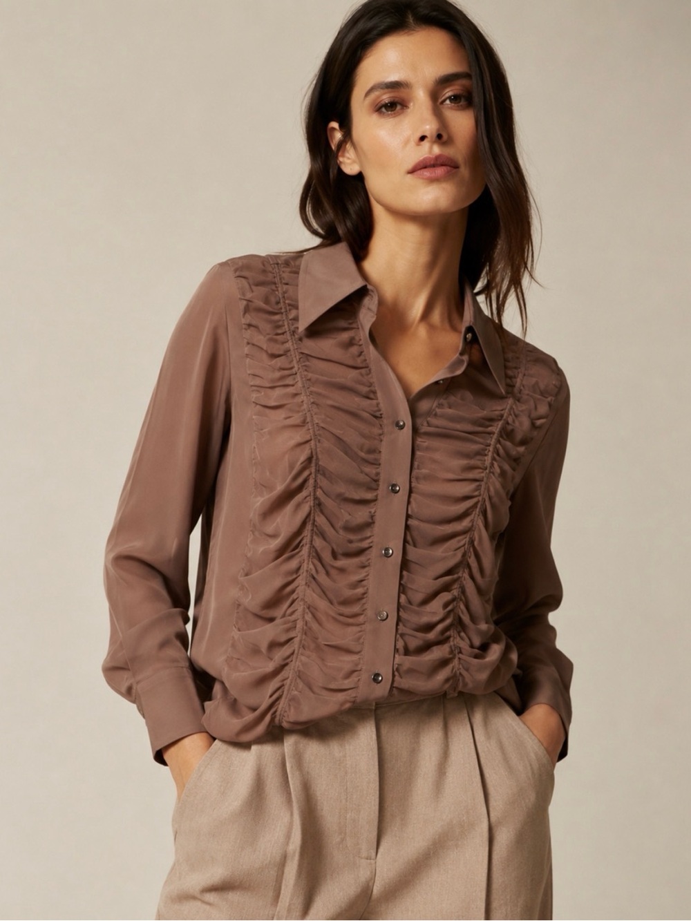 Escada Ruched Button‑Up Shirt